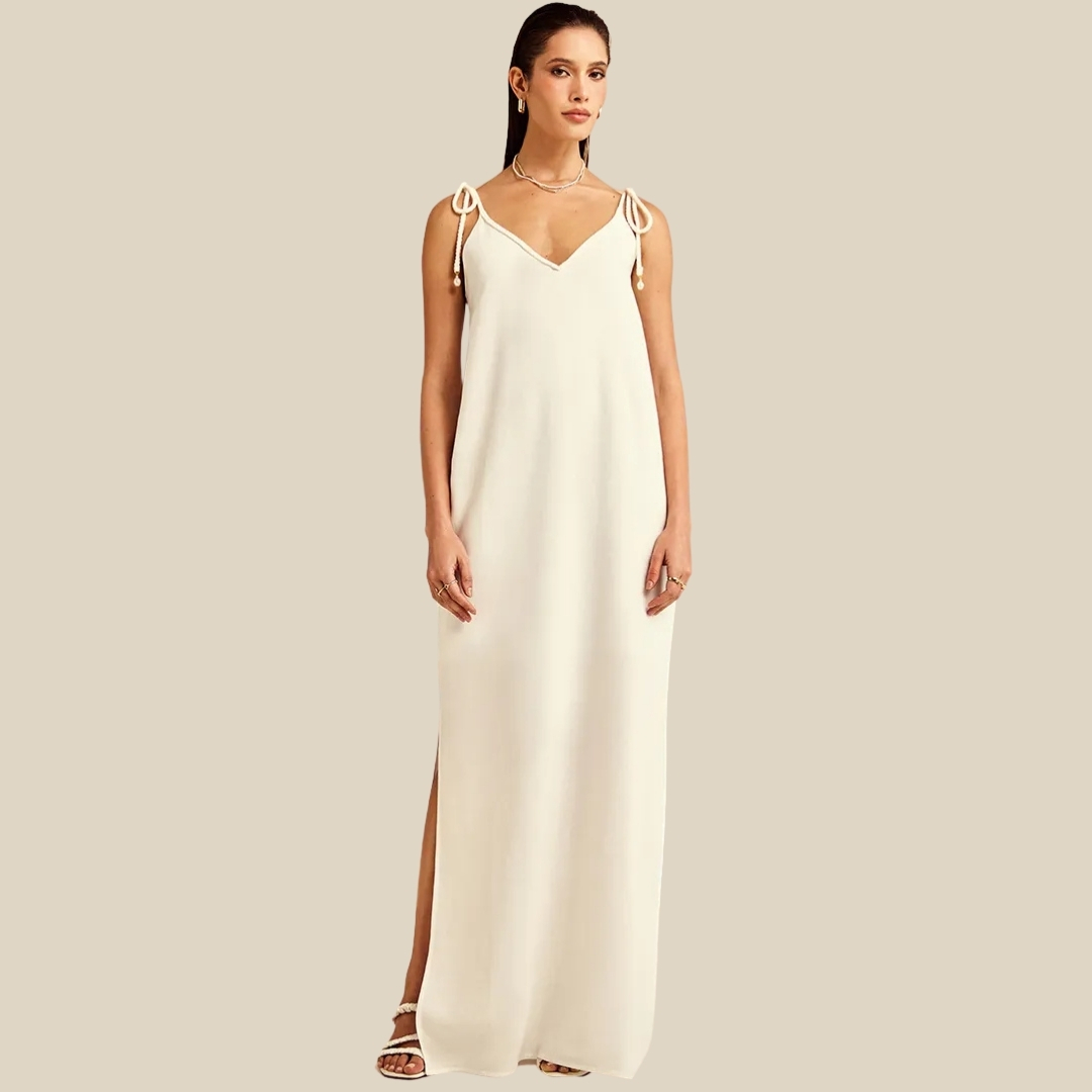 VESTIDO LONGO DECOTE V ALÇAS FINAS