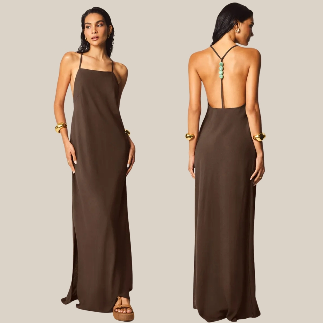 VESTIDO LONGO DECOTE RETO COM AVIAMENTO COSTAS